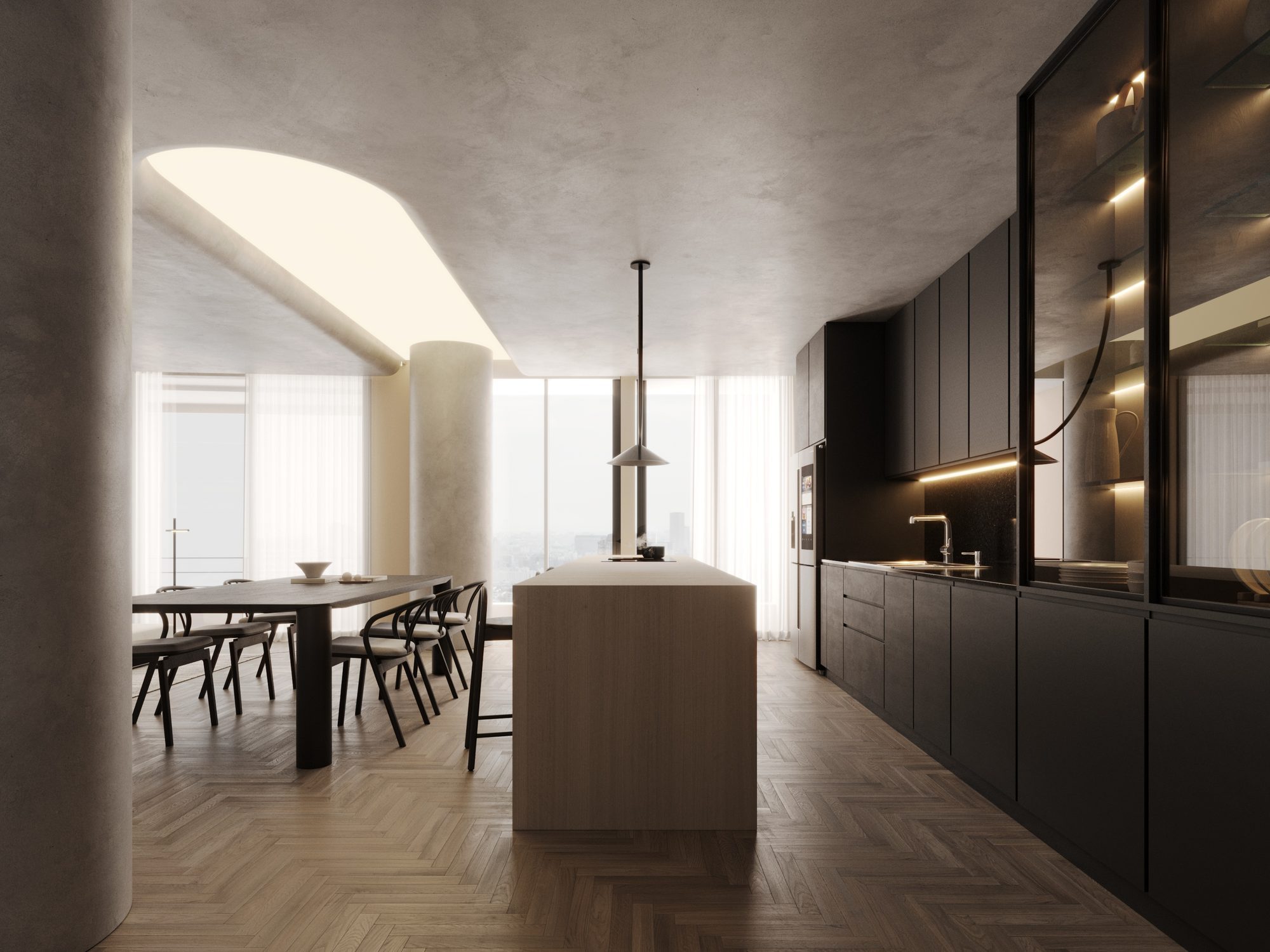 El Solar — render comedor y cocina