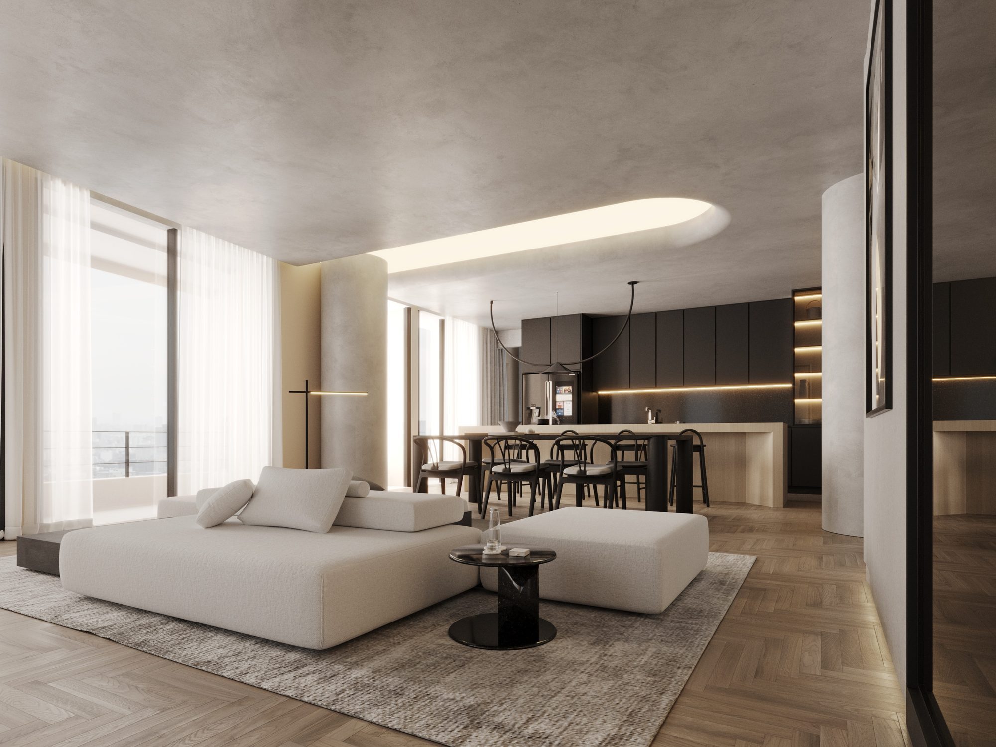 El Solar — render sala, comedor y cocina